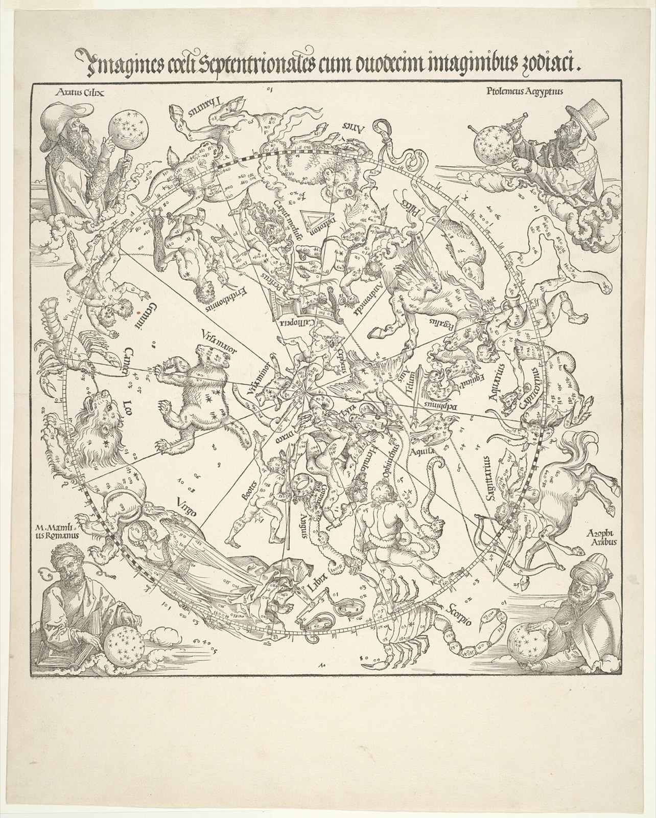 Mapa severní hvězdné oblohy s dvanácti znameními zvěrokruhu, Albrecht Dürer