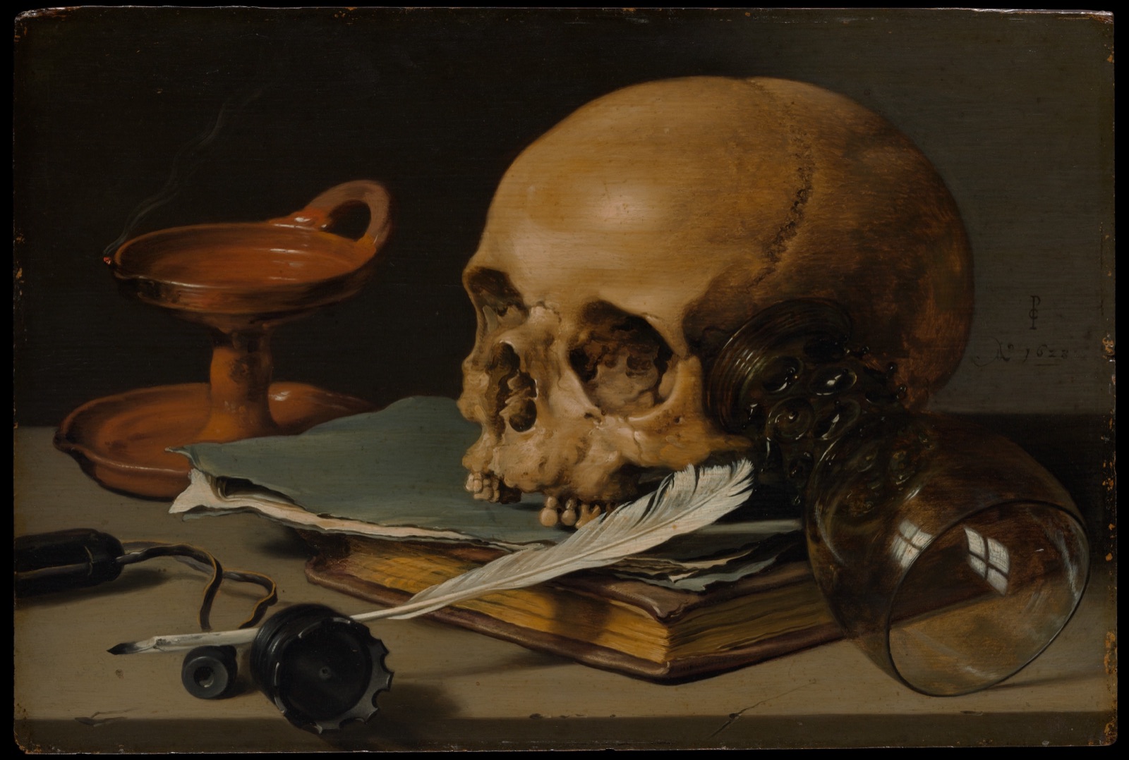 Zátiší s lebkou a brkem, Pieter Claesz