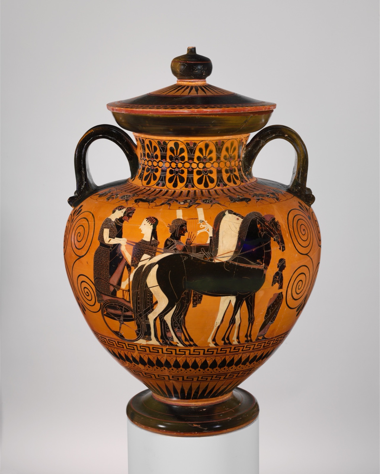 Amfora s průvodem a bojem jezdců, Exekias