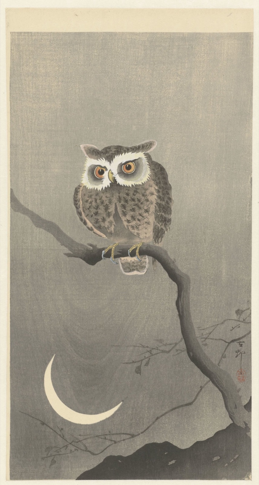 Ransuil op kale boomtak, Ohara Koson