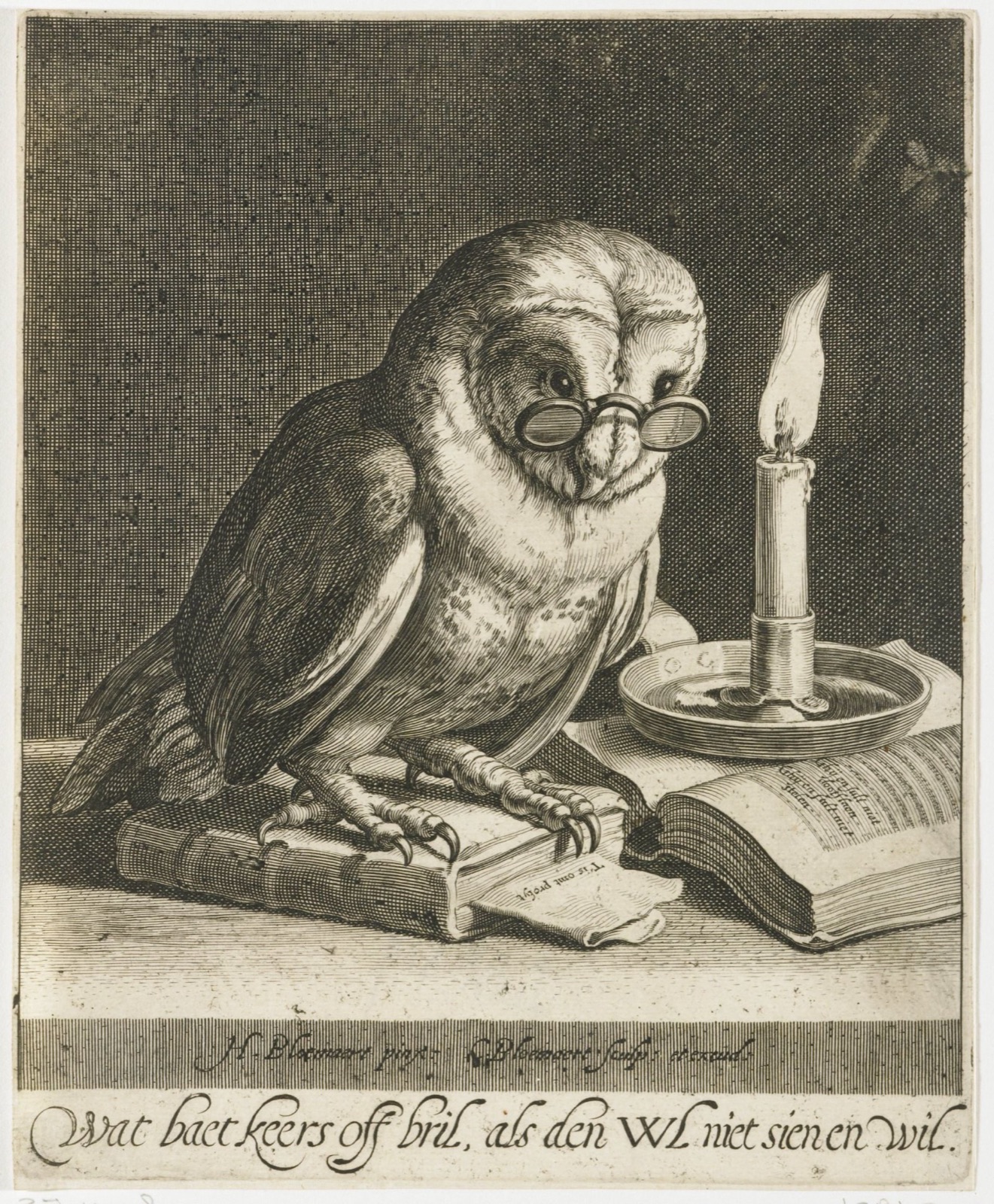Uil met bril en boeken, Cornelis Bloemaert II