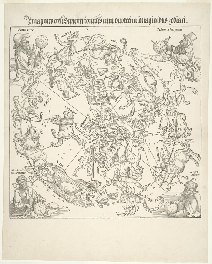 Mapa severní hvězdné oblohy s dvanácti znameními zvěrokruhu, Albrecht Dürer