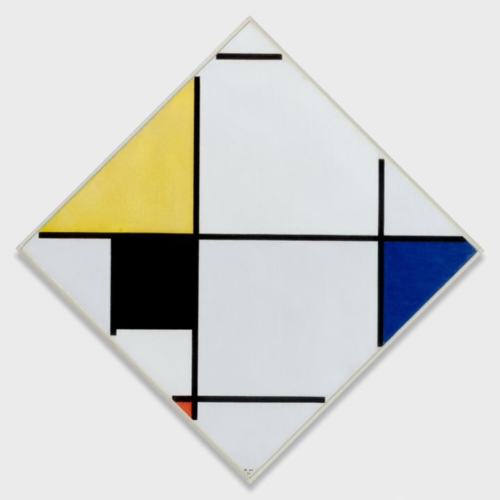 Kosočtvercová kompozice se žlutou, černou, modrou, červenou a šedou, Piet Mondrian