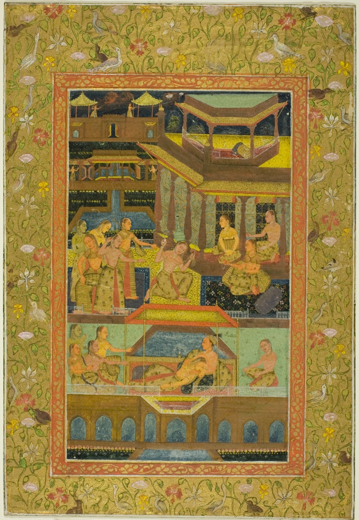 Milenci v noci v zahradě zenany, Mughal