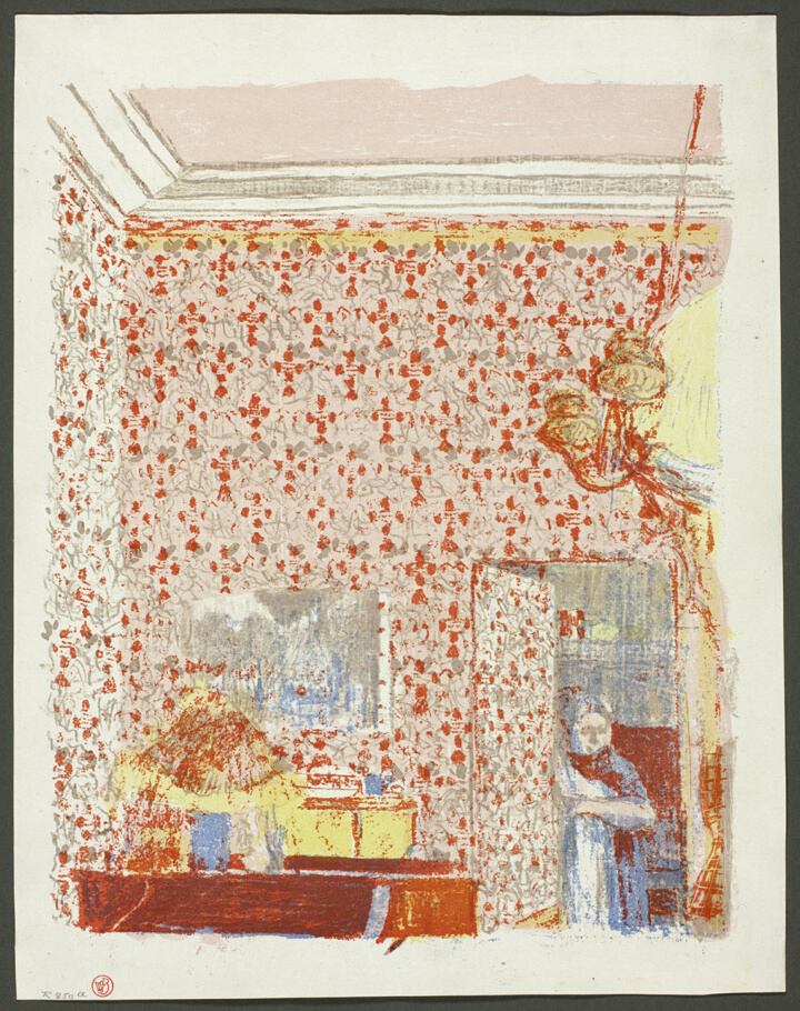 Interiér s růžovou tapetou I, pátý list z cyklu Krajiny a interiéry, Édouard Jean Vuillard