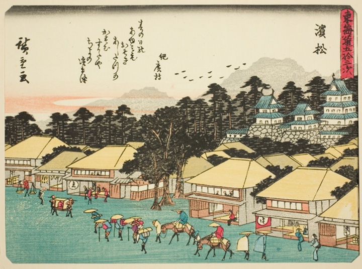 Hamamatsu, ze série „Třiapadesát zastavení na Tokaidu (Tokaido gojusan tsugi)“, známé též jako Tokaido s básněmi (Kyoka iri Tokaido), Utagawa Hirošige