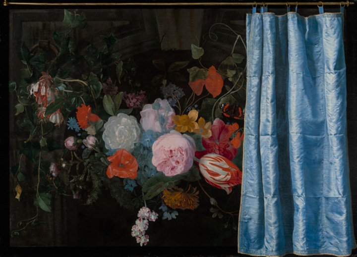 Zátiší trompe-l'oeil s květinovou girlandou a závěsem, Adriaen van der Spelt