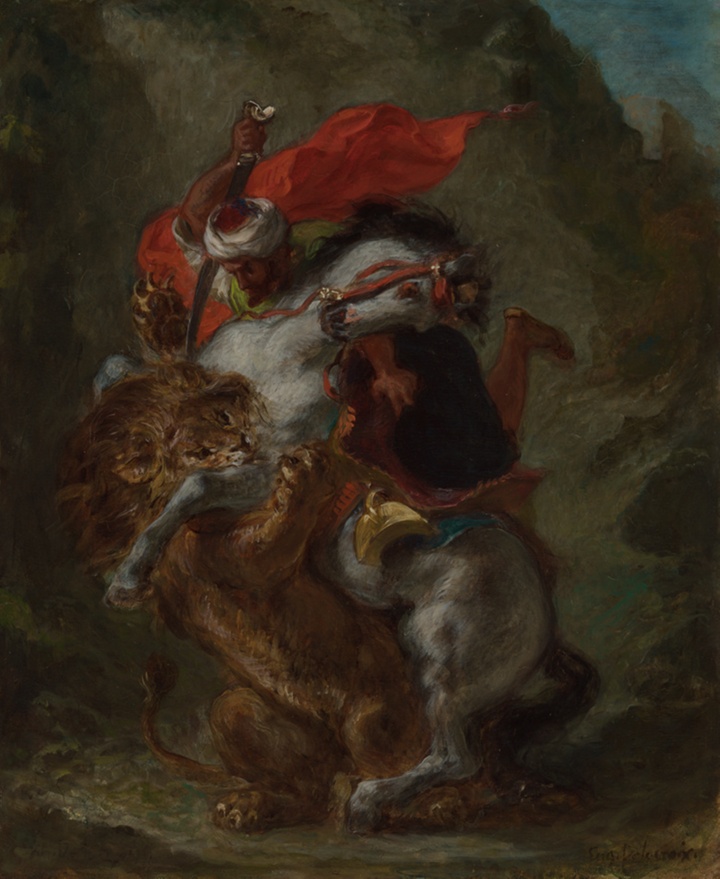 Arabský jezdec napadený lvem, Eugène Delacroix