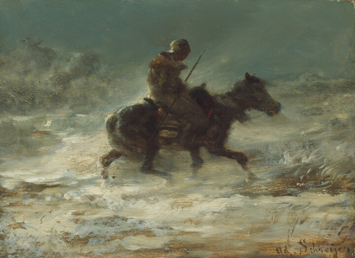 Muž s kopím jedoucí sněhem, Adolphe Schreyer