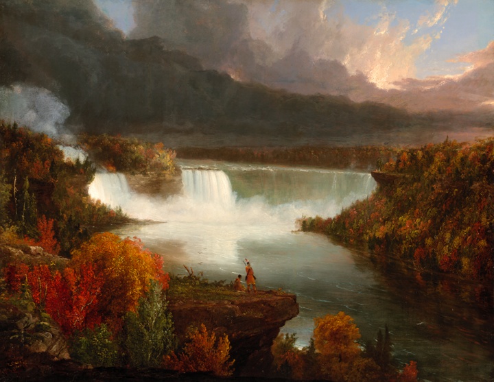 Vzdálený pohled na Niagarské vodopády, Thomas Cole