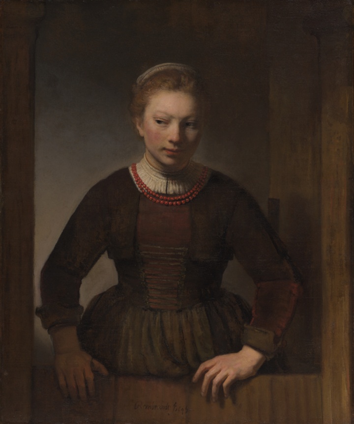 Mladá žena u otevřených dělených dveří, Workshop of Rembrandt van Rijn