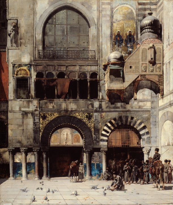 Čerkeská jízda čekající na svého velitele u brány byzantské památky; Vzpomínka na Orient, Alberto Pasini