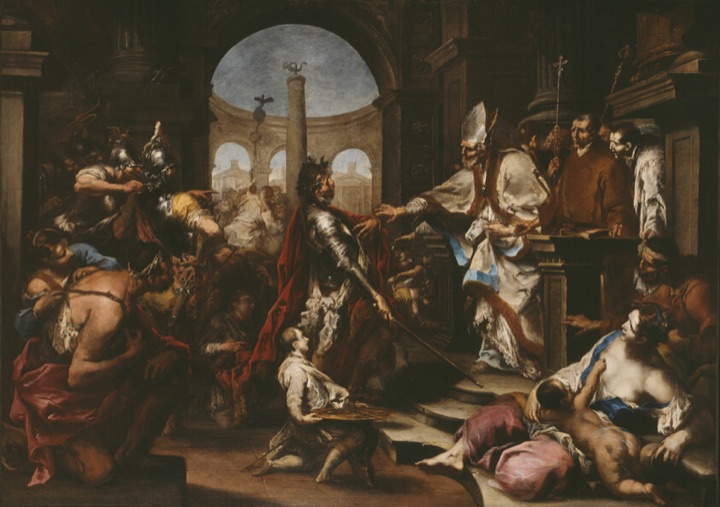 Theodosius zapuzený svatým Ambrožem od chrámu, Alessandro Magnasco