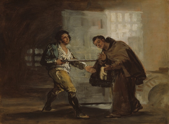 Bratr Pedro nabízí El Maragatovi boty a chystá se odstrčit jeho pušku, Francisco Goya
