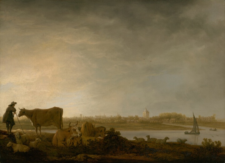 Pohled na Vianen s pastýřem a dobytkem u řeky, Aelbert Cuyp