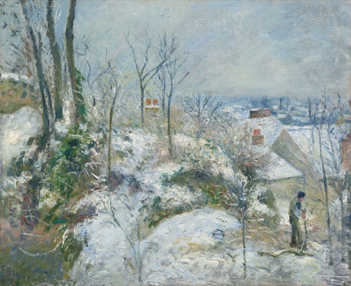 Králičí nory v Pontoise, sníh, Camille Pissarro