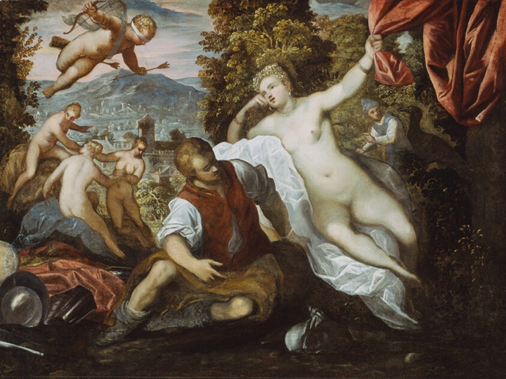Venuše a Mars s Amorem a třemi Gráciemi v krajině, Domenico Tintoretto