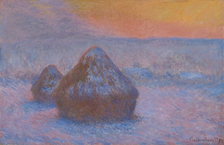Kupky sena (Západ slunce, sněhový efekt), Claude Monet