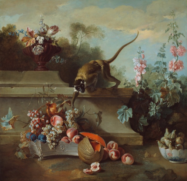 Zátiší s opicí, ovocem a květinami, Jean-Baptiste Oudry