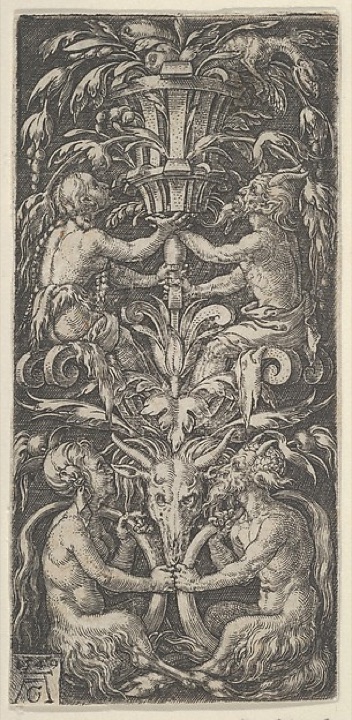 Panel s kandelábrem se dvěma páry satyrů, Heinrich Aldegrever