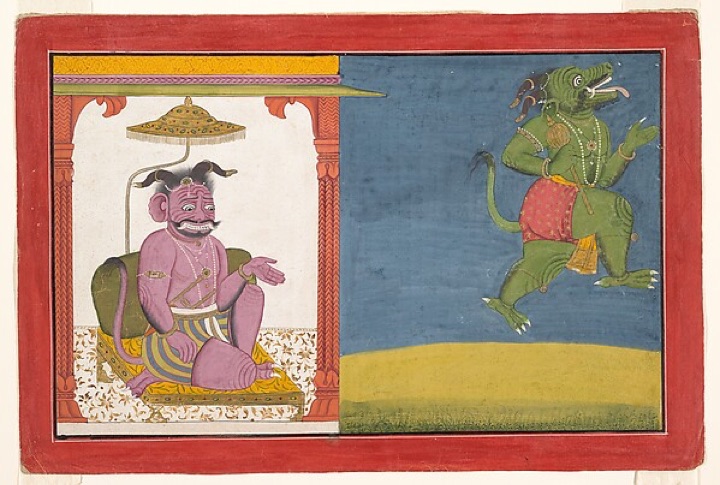 Démon Hiranjákša opouští palác démonů: list z cyklu Bhágavatapurány, neznámý autor — Northern India, Guler, Himachal Pradesh