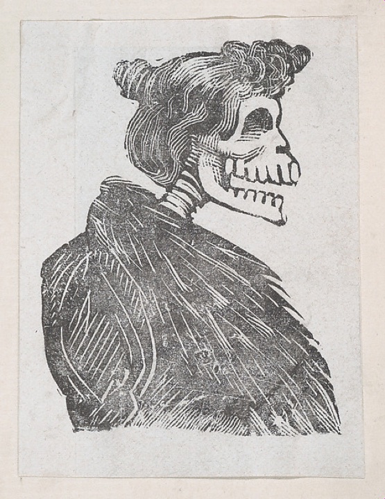 Profil ženské kostry v kožešinové vestě, z letáku nazvaného ‚La Calavera de Cupido‘, vydaného Antoniem Vanegasem Arroyem, José Guadalupe Posada