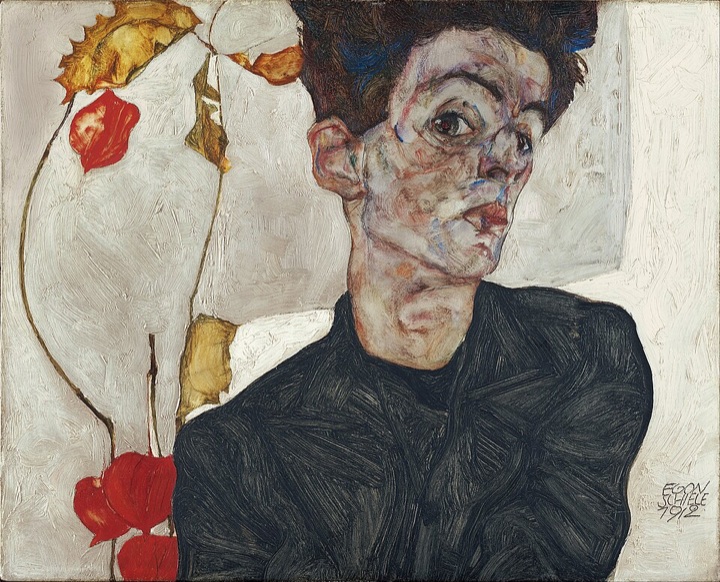 Autoportrét s lampionovou rostlinou, Egon Schiele