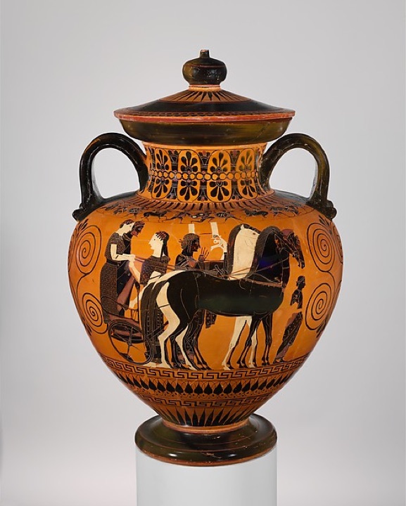 Amfora s průvodem a bojem jezdců, Exekias