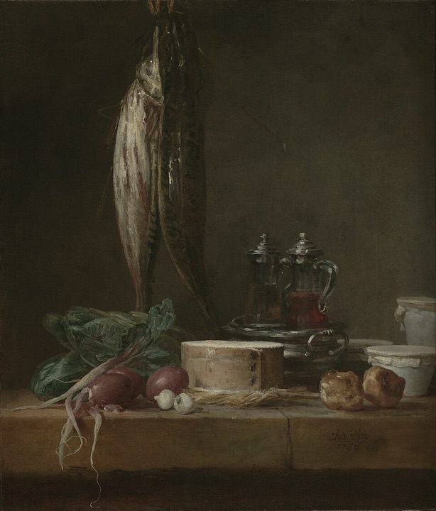 Zátiší s rybami, zeleninou, gougères, hrnci a karafami na stole, Jean-Baptiste-Siméon Chardin