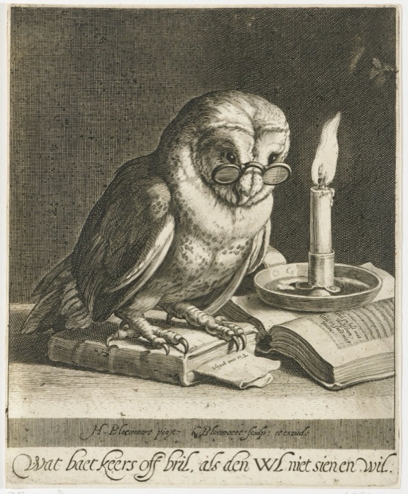 Uil met bril en boeken, Cornelis Bloemaert II