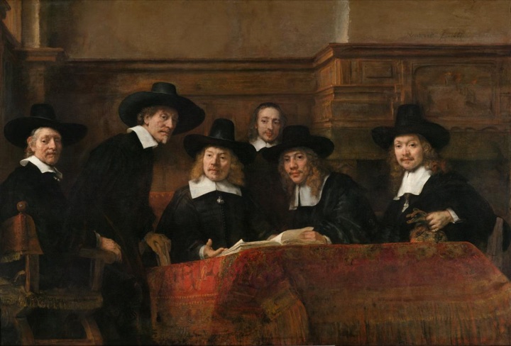 Představení amsterdamského soukenického cechu, známí jako ‚Syndikové‘, Rembrandt van Rijn