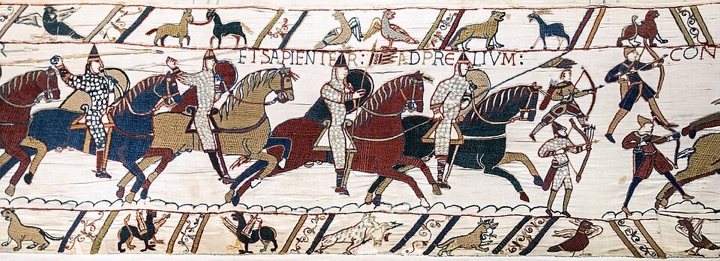 Bitva u Hastingsu, scéna 51 bayeuxské výšivky, neznámé anglické dílny (pravděpodobně Canterbury)
