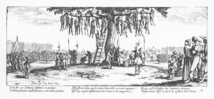 Oběšení, list 11 z Hrůz a neštěstí války, Jacques Callot