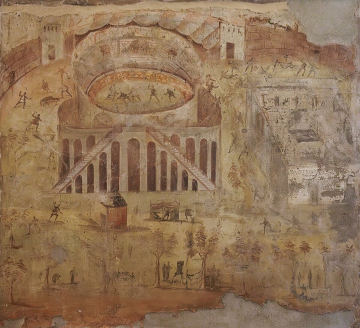 Rvačka Pompejanů s Nucerijskými v amfiteátru, neznámý pompejský malíř